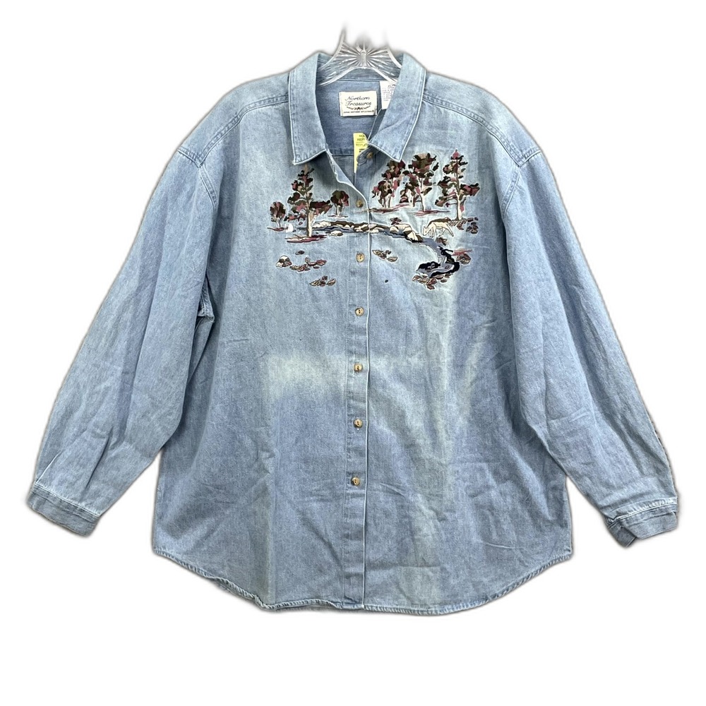 Northern Treasures Denim Shirt Womens XL Embroidered Gorpcore Streetwear Skate